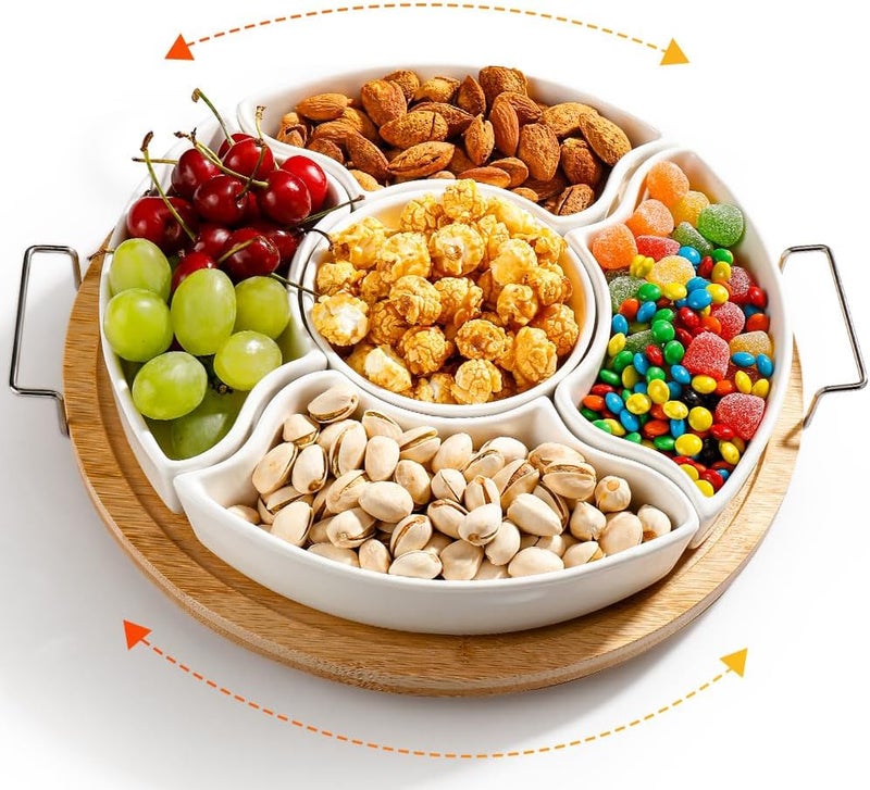 AISBUGUR Ceramic Divided Serving Dishes with Bamboo Tray,360° Rotatable Serving Bowls with Handles for Party,5 Removable Relish Tray,11.2 Inch Appetizer Serving Dish for Chips & Dip, Veggies, Candy & Snacks - Image 1